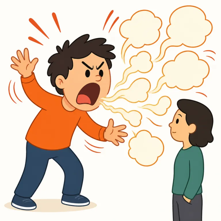 rant（わめき散らす・動詞）の覚え方イラスト — rant は speak や talk のような中立的な「話す」ではなく、怒りや不満が前に出て止まらない話し方を表します