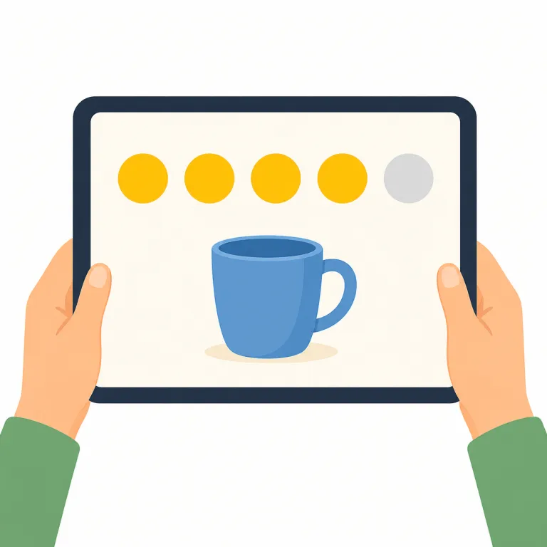 rating（評価・名詞）の覚え方イラスト — rating は動詞 rate「評価する、点を付ける」から来た名詞で、判断の結果として表に出る点数・星・数値を指します