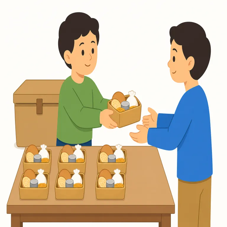 ration（配給・名詞）の覚え方イラスト — 「配給される一人分の決まった量」とまとめて覚えると定着しやすい語です