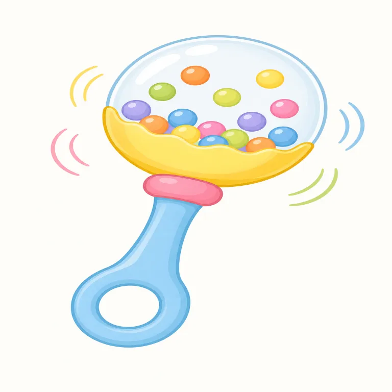 rattle（ガラガラ（音の鳴るおもちゃ）、ガラガラという音・noun）の覚え方イラスト