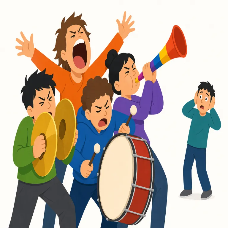 raucous（騒々しい・形容詞）の覚え方イラスト — raucous は、ただ loud / noisy なだけでなく、「笑い声・やじ・歓声が入り交じって耳にきつい」感じで覚えると定着しやすいです