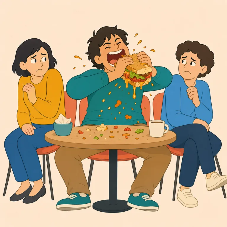 raunchily（下品に・副詞）の覚え方イラスト — raunchy「下品な、性的に露骨な」に、副詞の -ly を付けた形だと分解して覚えると定着しやすい
