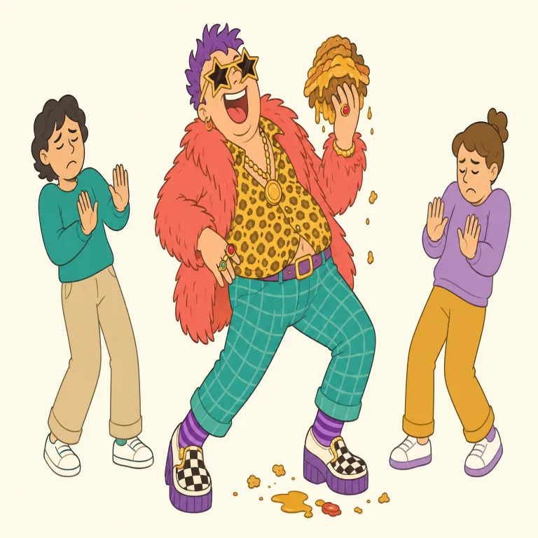 raunchy（下品な・形容詞）の覚え方イラスト — raunchy humor「下品で性的な笑い」、a raunchy comedy「きわどいコメディー」という組み合わせで覚えると実用的