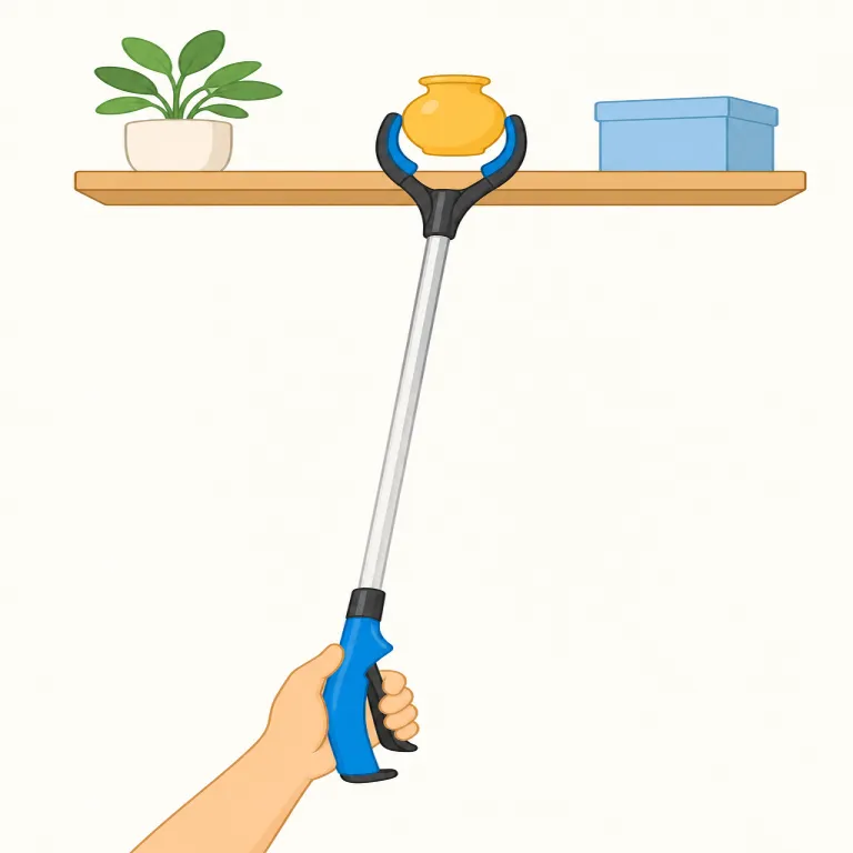 reacher（物を取るための補助具・名詞）の覚え方イラスト — まず reach「手を伸ばして届く」を確実に置くと覚えやすいです