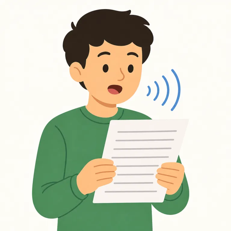 read off（読み上げる・句動詞）の覚え方イラスト — read off は、目の前のリスト・番号・結果などを見ながら、その順番どおりに声に出して伝える意味です