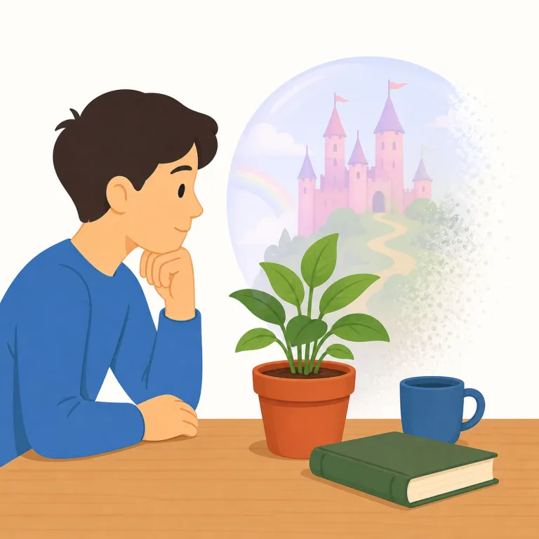 reality（現実・名詞）の覚え方イラスト — reality を「現実」として覚えるときは、夢・理想・想像・期待と向き合う相手として考えます