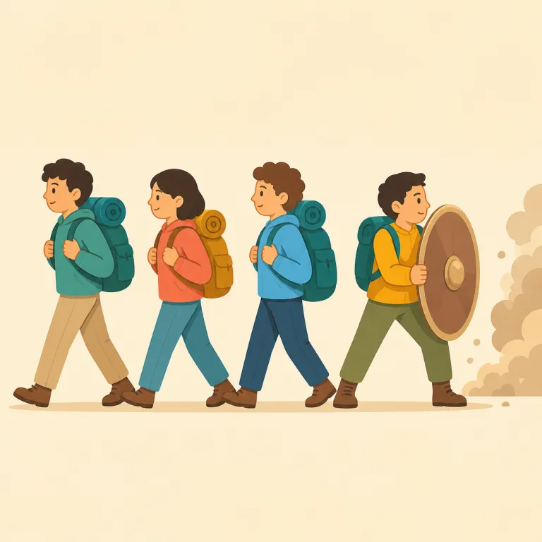 rearguard（後衛・名詞）の覚え方イラスト — `guard` が「守る」だと分かれば、`rearguard` は「後ろ側を守る役」と捉えると覚えやすいです