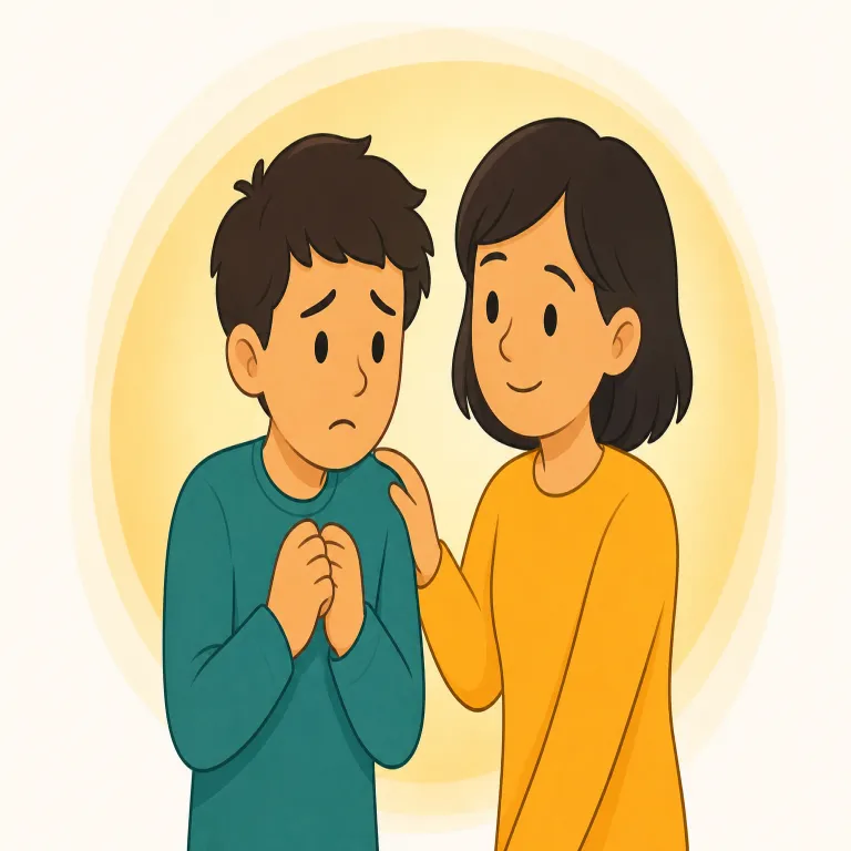 reassuringly（安心させるように・副詞）の覚え方イラスト — このエントリは reassuringly の「心強く」という文全体への評価ではなく、人の声・笑顔・身ぶりが相手を安心させる「やり方」を表す用法です