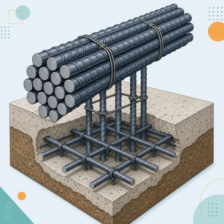 rebar（鉄筋・名詞）の覚え方イラスト — rebar は「reinforcing bar」を縮めた現場語だと押さえると覚えやすいです