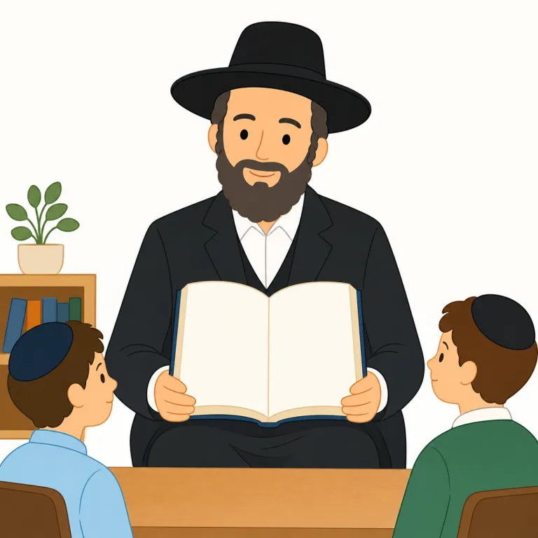 rebbe（ユダヤ教指導者・名詞）の覚え方イラスト — この意味の rebbe は、単に「ラビ」という職名を広く指すだけでなく、ハシディズムの共同体で信者が教え・助言・祝福を求める精神的中心を表します
