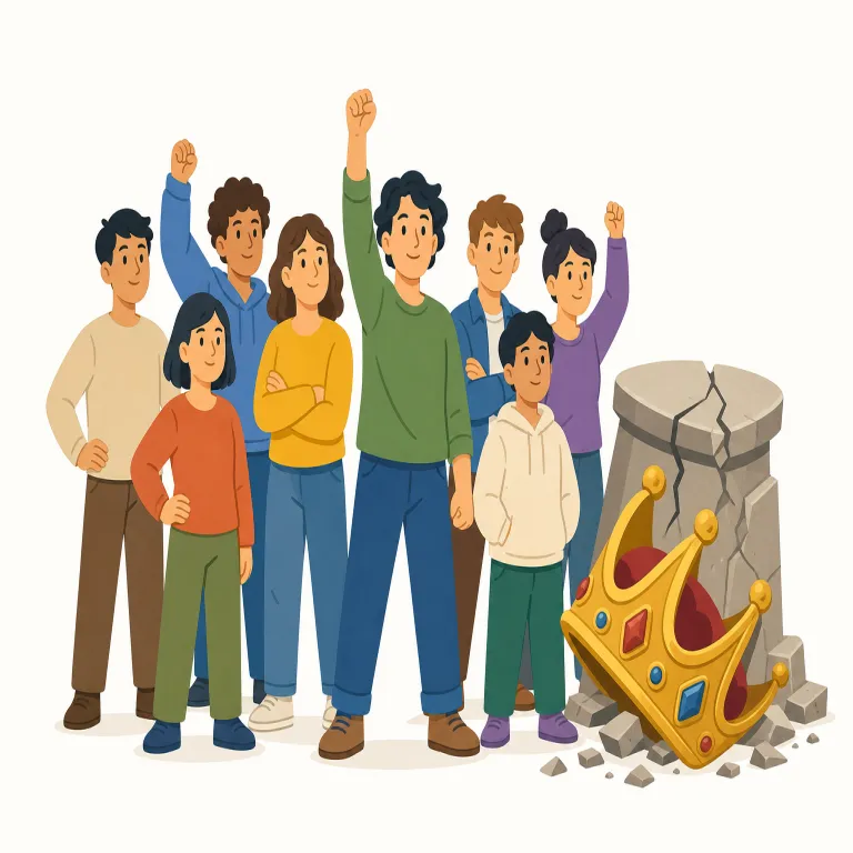 rebellion（反乱・名詞）の覚え方イラスト — rebellion は rebel「反乱者・反抗する」に -ion が付いた名詞で、「権力に逆らう行動や状態」を表します