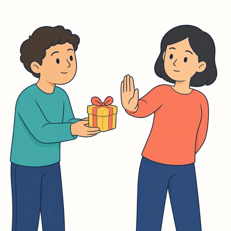 rebuff（拒否する・動詞）の覚え方イラスト — re- を「back/戻す」で捉えると、rebuff は相手の申し出や接近をそのまま突き返す感じで覚えやすい