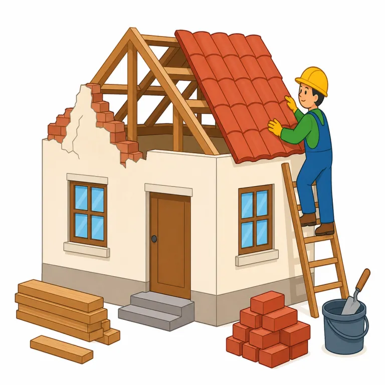 rebuild（再建する、立て直す、再構築する・動詞）の覚え方イラスト — build「建てる・築く」が分かれば、rebuild は re-「もう一度」が付いて「壊れた／弱ったものを建て直す」と捉えると覚えやすい語です