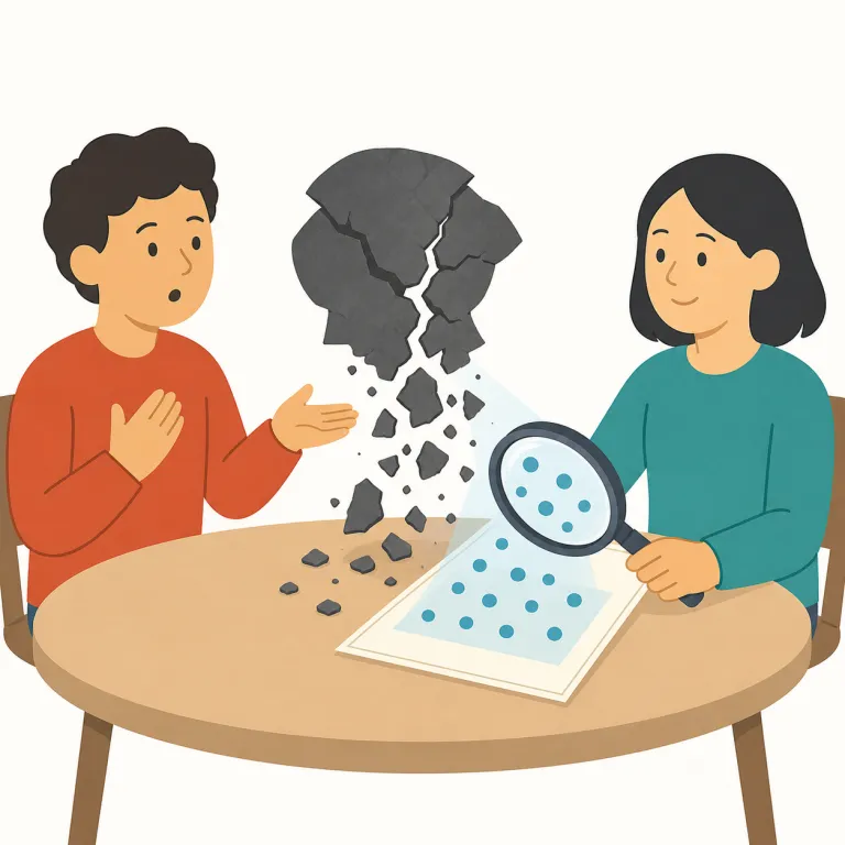 rebutted（反論した・動詞）の覚え方イラスト — このエントリの rebutted は、証拠で誤りを示す「反証した」ではなく、議論や批判に対して言葉で応答し、相手の主張を押し返したという意味で覚えます