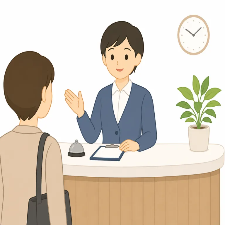 receptionist（受付係・名詞）の覚え方イラスト — receptionist は reception「受付・応接」に -ist「その役割の人」が付いた語です