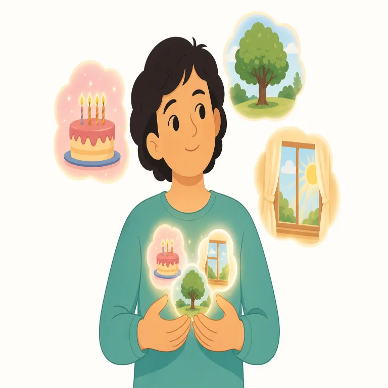 recollect（思い出す・動詞）の覚え方イラスト — re- が「もう一度」、collect が「集める」と見えるので、recollect は「頭の中に散らばった記憶を、もう一度集め直す」と捉えると覚えやすいです