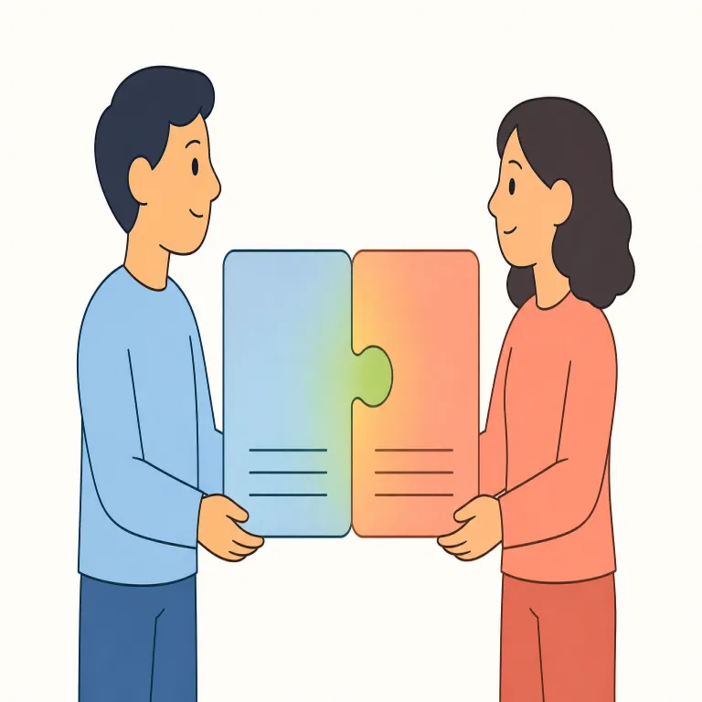 reconcile（和解させる；調和させる；照合する・動詞）の覚え方イラスト — re- は「もう一度」