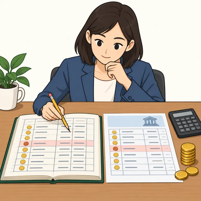 reconciliations（勘定照合・名詞）の覚え方イラスト — 二人がテーブル越しに色札の山を突き合わせる