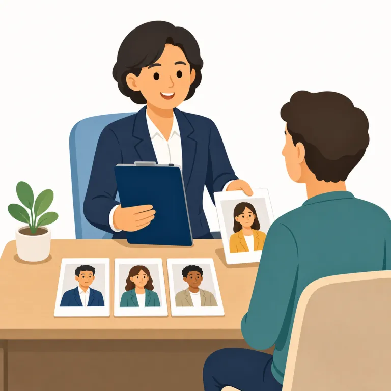 recruiter（採用担当者・名詞）の覚え方イラスト — このエントリでは recruiter を、人事や人材紹介の場面で候補者を探し、面談や連絡を進める「採用担当者」として覚えます