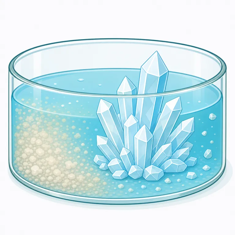 recrystallization（再結晶化・名詞）の覚え方イラスト — `re-` が「もう一度」、`crystal` が「結晶」、`-ization` が「〜化」と分かれば、長く見えても中身は「再び結晶にすること」