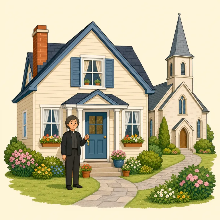 rectory（牧師館・名詞）の覚え方イラスト — rectory は単独暗記より、rector（教区を預かる聖職者）とセットで「rector が住む所」と結ぶと定着しやすい語です