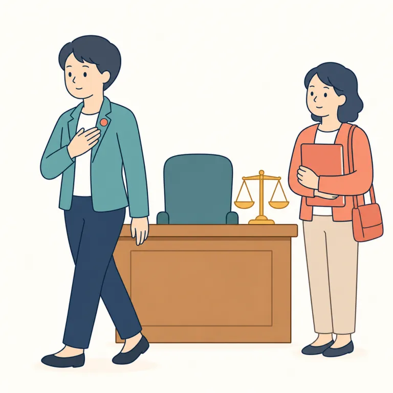 recuse（辞退する・動詞）の覚え方イラスト — recuse は re「後ろへ」+ cause「訴訟・理由」に関わる語で、利害関係があるため審理や判断から身を引く「辞退する」です