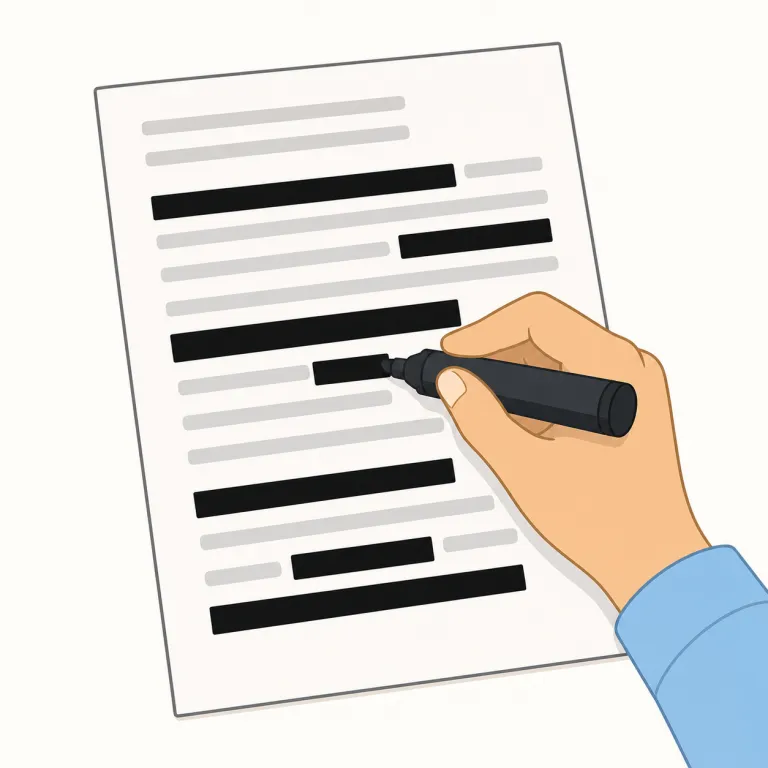redact（（文書中の機密情報などを）黒塗りにする、伏せる・動詞）の覚え方イラスト — edit が「文章を整える」なら、redact は「公開前に、見せてはいけない所を消して整える」と覚えると残りやすい