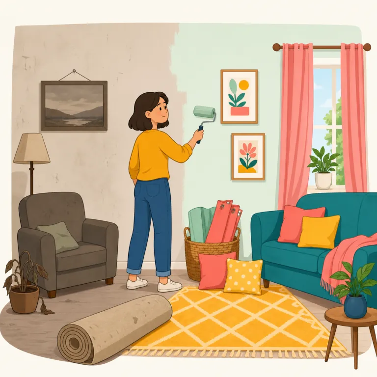 redecorate（模様替えする・動詞）の覚え方イラスト — redecorate は decorate「飾る」に re-「し直す」が付いた形で、部屋や家の見た目を新しく整える「模様替えする」と覚えます