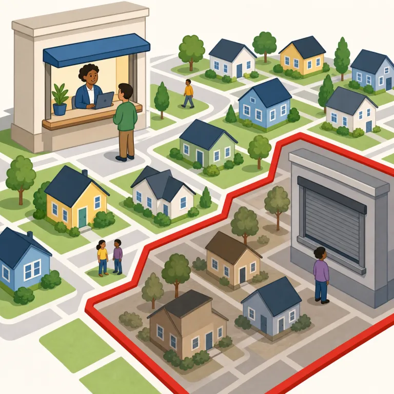 redlining（レッドライニング（差別的融資拒否）・名詞）の覚え方イラスト — line が「線・境界」だと分かれば、redlining は「赤い線を引いて、ここは対象外と切る感じ」で覚えやすいです