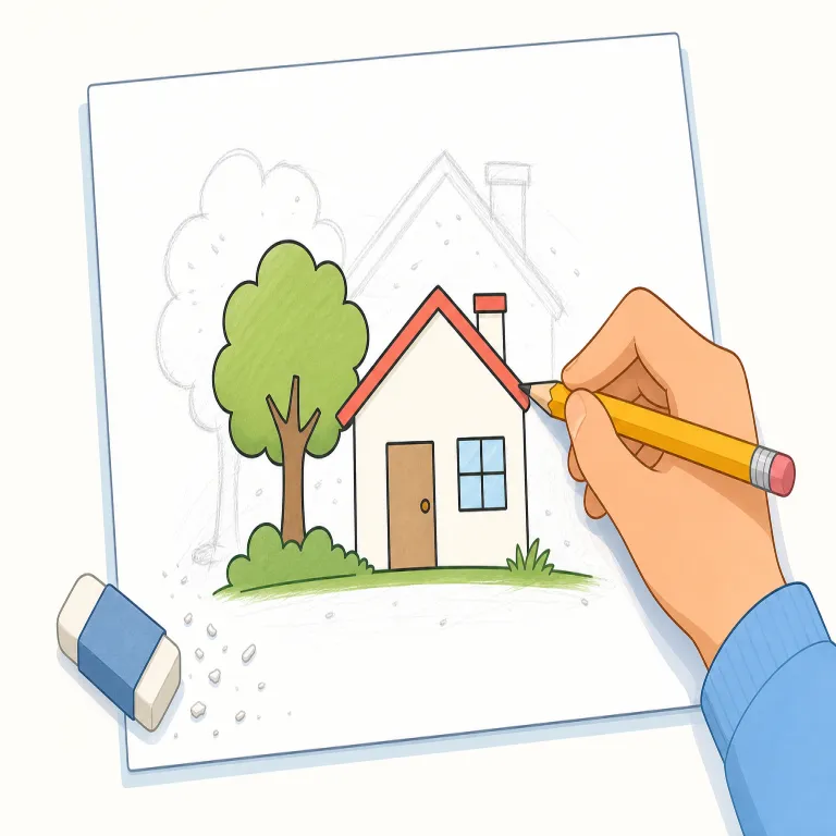 redraw（描き直す・動詞）の覚え方イラスト — draw「描く」を知っていれば、re-「もう一度」を足して redraw は「描き直す」と自然に取れる