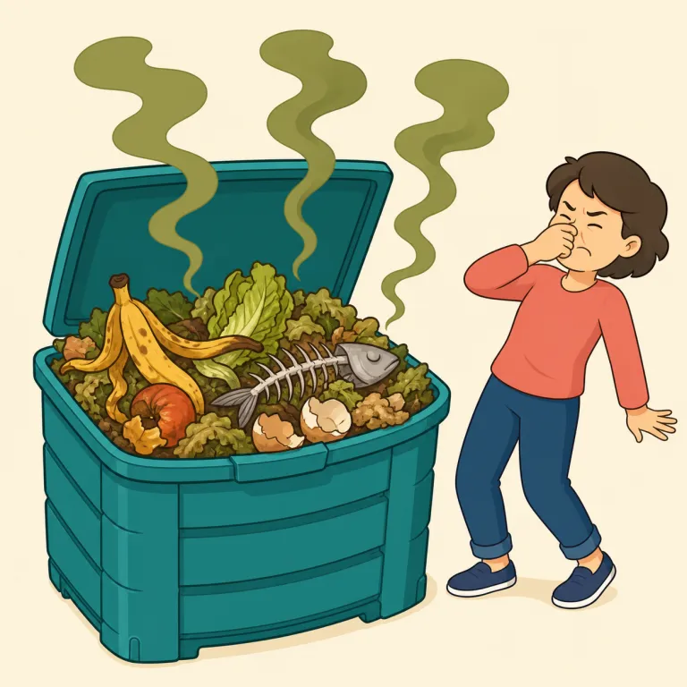 reek（悪臭を放つ・動詞）の覚え方イラスト — reek は単に smell（匂いがする）ではなく、鼻を背けたくなるほど「悪臭を放つ」