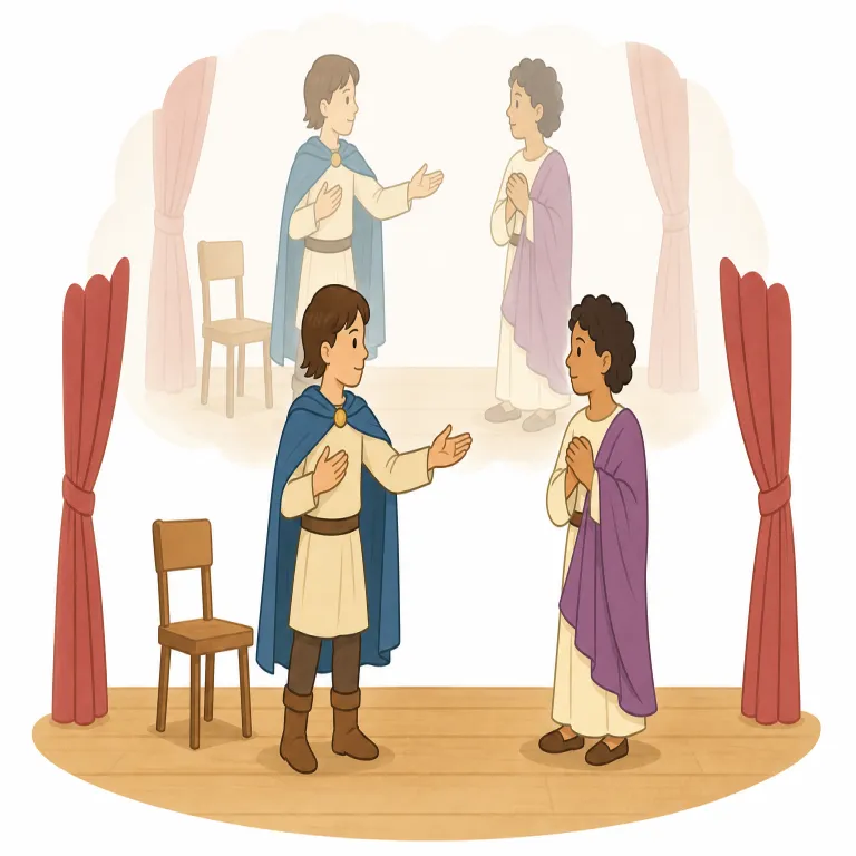 reenact（再現する・動詞）の覚え方イラスト — reenact は re-「再び」+ enact「行為として実行する」と考えると、過去の出来事や場面をもう一度演じて見せる意味がつかめます