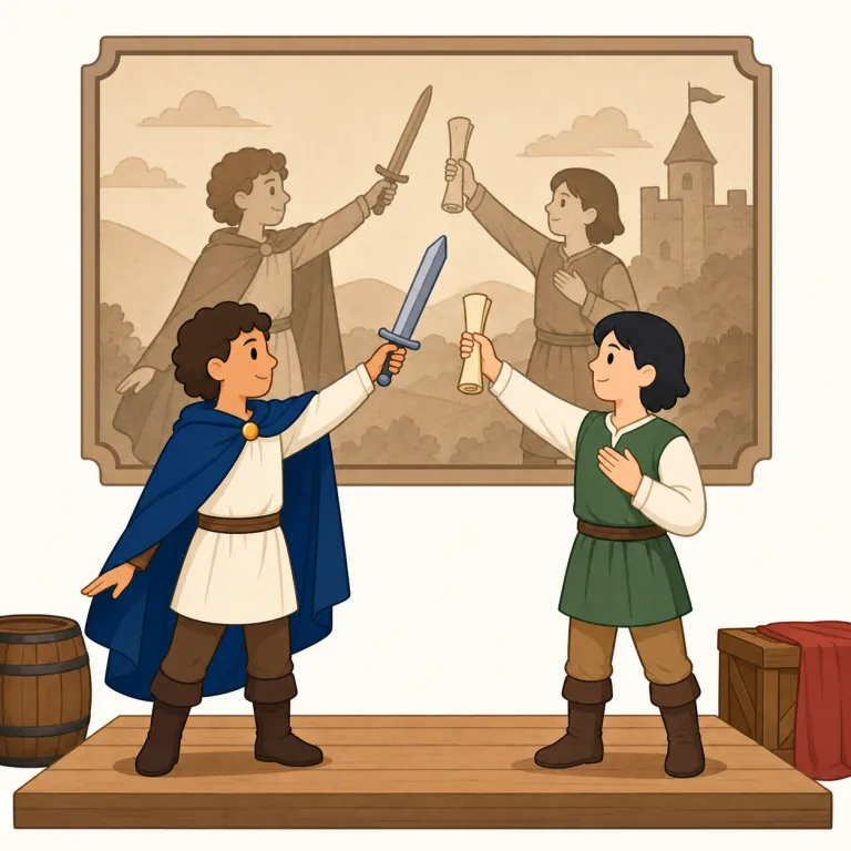 reenacting（再現する・動詞）の覚え方イラスト — この「再現する」は、舞台で同じ役を再び演じる基本義とは別に、過去の出来事を動作や配置まで含めて実演で示す意味として覚えます