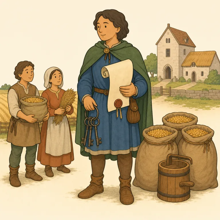 reeve（代官・名詞）の覚え方イラスト — 古い英語の役職名なので、現代語の単独暗記より「村や領地を取り仕切る役人セット」で覚えると残りやすい語です