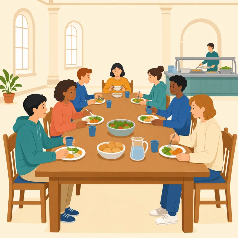 refectory（食堂・名詞）の覚え方イラスト — refectory は cafeteria や dining hall よりも古風で、修道院・学校・大学などの施設内にある『みんなで食べる食堂』を指す語