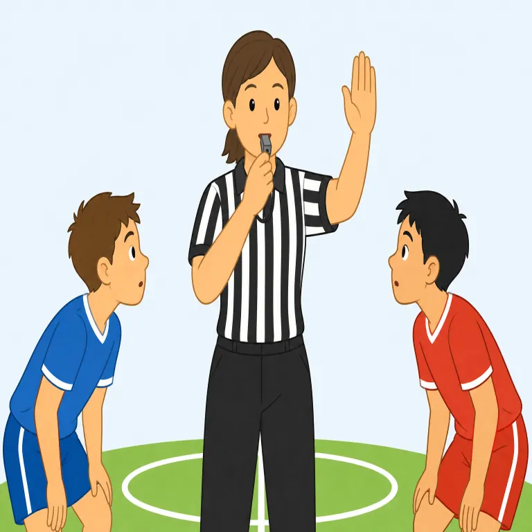 referee（審判・名詞）の覚え方イラスト — referee は、スポーツの試合でルール違反や得点を判断し、競技を公正に進める人です