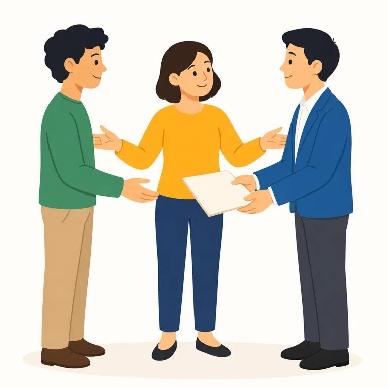 referral（紹介・名詞）の覚え方イラスト — この「紹介」の referral は、人や案件をより適した相手へ回す行為として覚えます