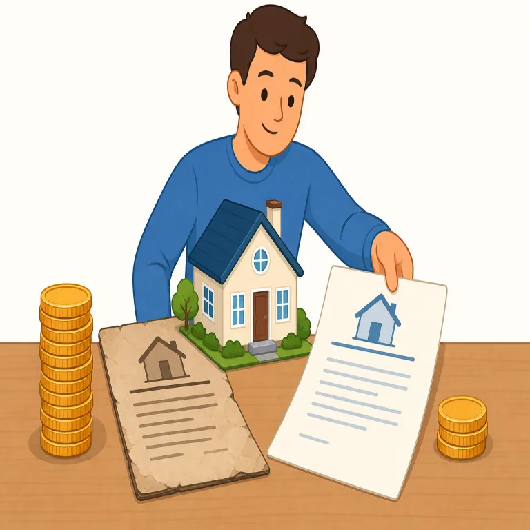 refinanced（借り換えた・動詞）の覚え方イラスト — この「借り換えた」は、既存の loan や mortgage を別の条件の借り入れに組み替えた、という金融分野の動作として覚えます