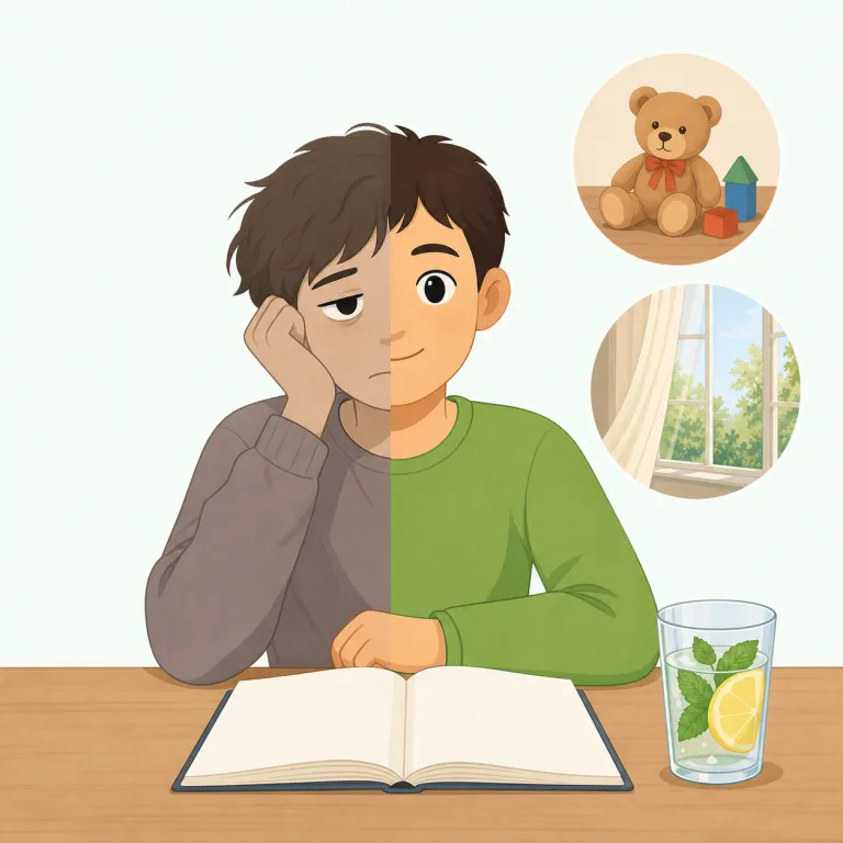 refresh（元気づける、思い出させる・動詞）の覚え方イラスト — refresh は fresh「新鮮な、元気な」に re-「再び」が付いた語で、人や記憶をもう一度はっきりした状態に戻す感覚があります