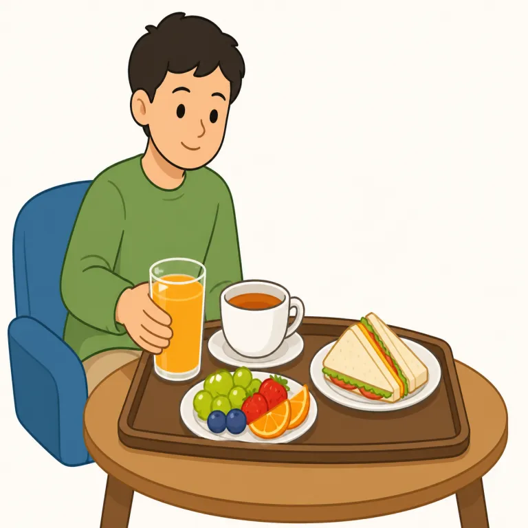refreshment（軽い飲食物・名詞）の覚え方イラスト — 休憩時間にお茶やクッキーを少し取って、気分をリフレッシュする場面を思い浮かべましょう