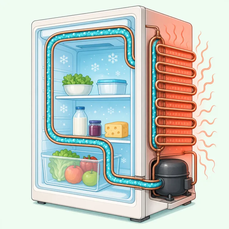 refrigerant（冷媒・名詞）の覚え方イラスト — refrigerator（冷蔵庫）や refrigerate（冷やす）を知っていれば、その内部で実際に熱を運んで冷やす「中身」が refrigerant と押さえると覚えやすい