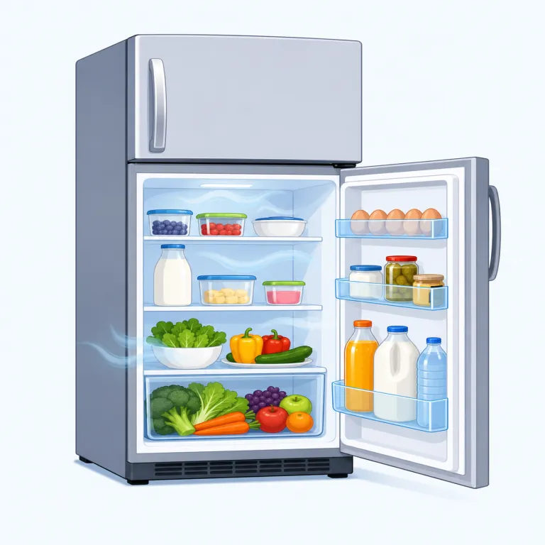 refrigerator（冷蔵庫・名詞）の覚え方イラスト — この refrigerator は、食品を入れる箱型の家庭用品としての「冷蔵庫」を表します