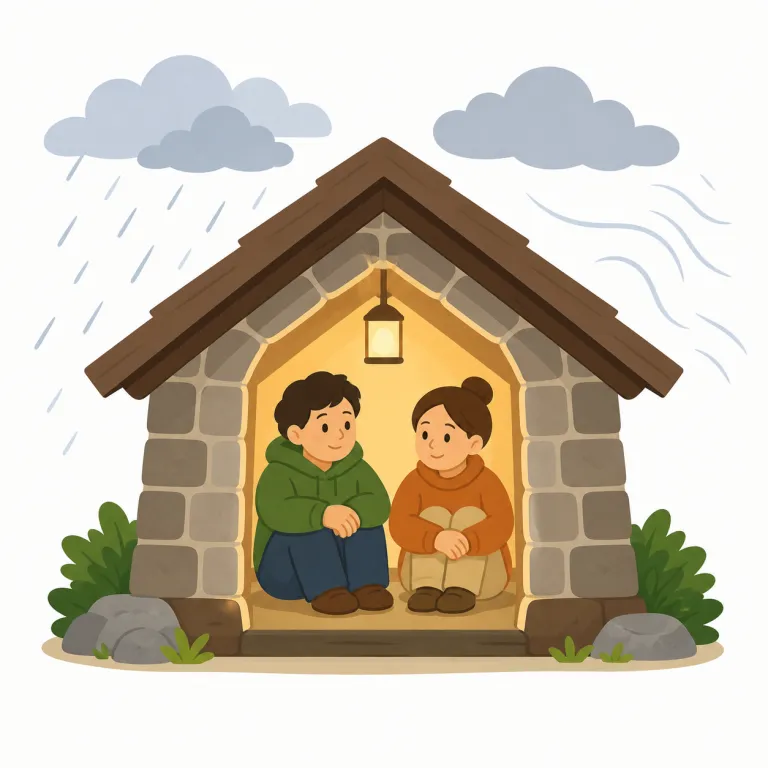 refuge（避難、保護・名詞）の覚え方イラスト — refuge は refugee（難民）とセットで覚えると定着しやすい語です