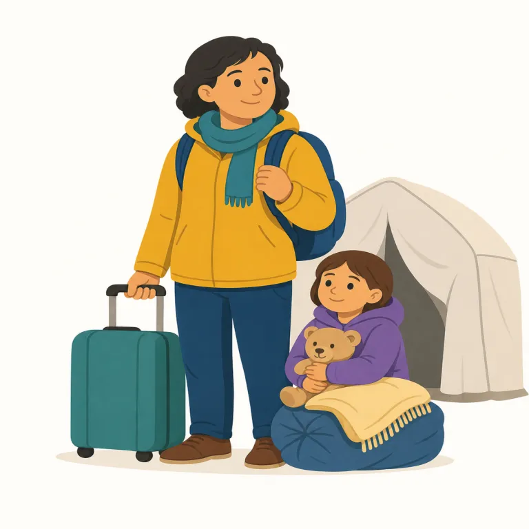 refugee（難民・名詞）の覚え方イラスト — refugee は refuge（避難所・避難）を知っていると覚えやすいです