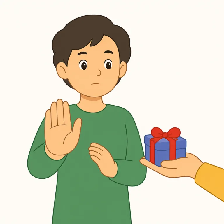 refuse（拒否する・動詞）の覚え方イラスト — refuse は、提案・要求・許可などを受け入れないと明確に示す「拒否する」として覚えます