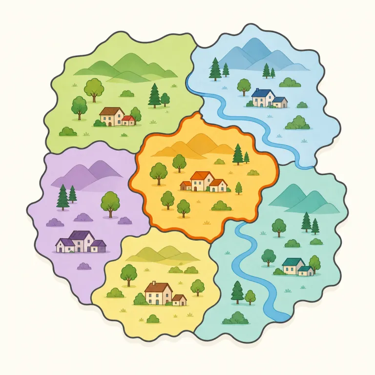 region（地域・名詞）の覚え方イラスト — region は、まず基本語 area を土台にして『area より広めで、地図上でひとかたまりに見える区域』とつなげると覚えやすいです