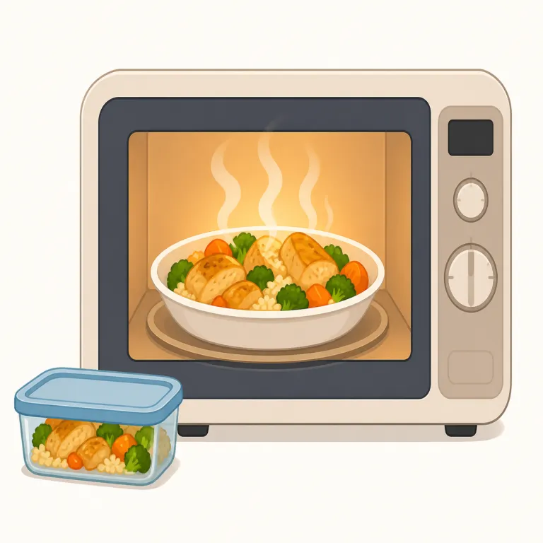reheat（温め直す、再加熱する・動詞）の覚え方イラスト — re- は「もう一度」、heat は「熱する」