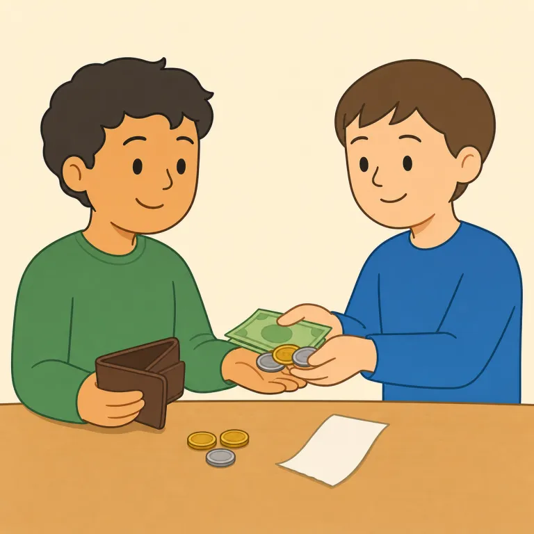 reimburse（償還する・動詞）の覚え方イラスト — re- が「元に戻す」の感覚だと押さえると、reimburse は「立て替えて減ったお金を元に戻してもらう」動きで覚えやすい