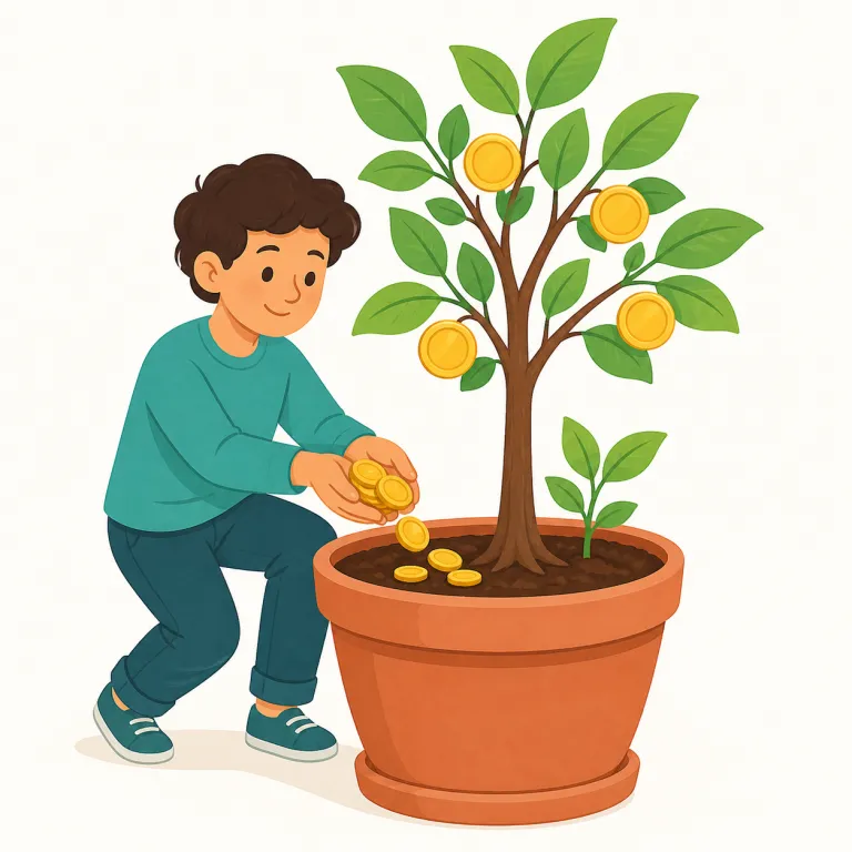 reinvest（再投資する・動詞）の覚え方イラスト — `re-` は「もう一度」、`invest` は「投資する」