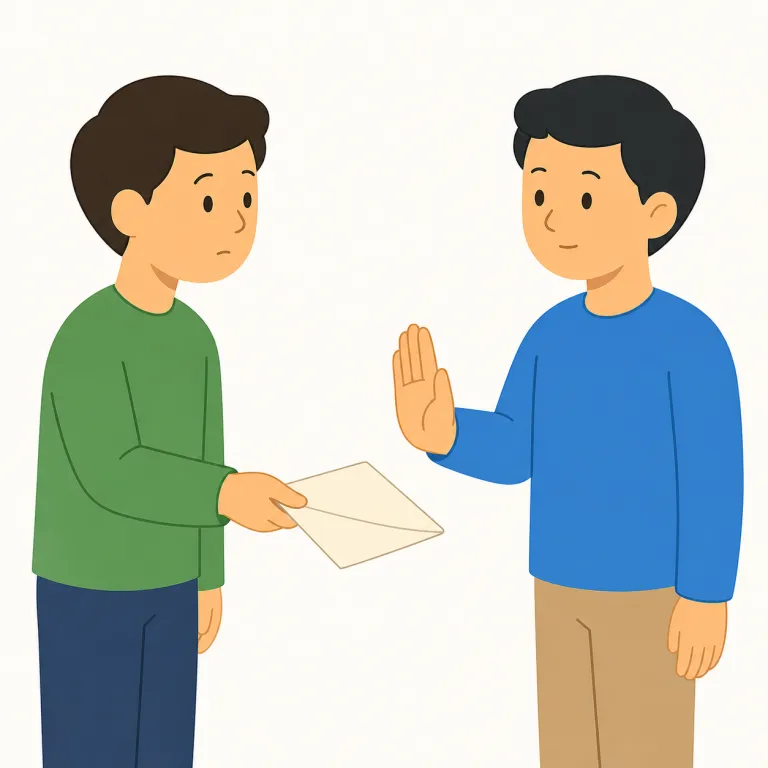 rejection（拒否・名詞）の覚え方イラスト — ここでの rejection は、基本義の「却下」とは別に、相手・申し出・物を受け入れない「拒否」や、医学で体が移植臓器を受け付けない「拒絶反応」を表す用法として覚えます